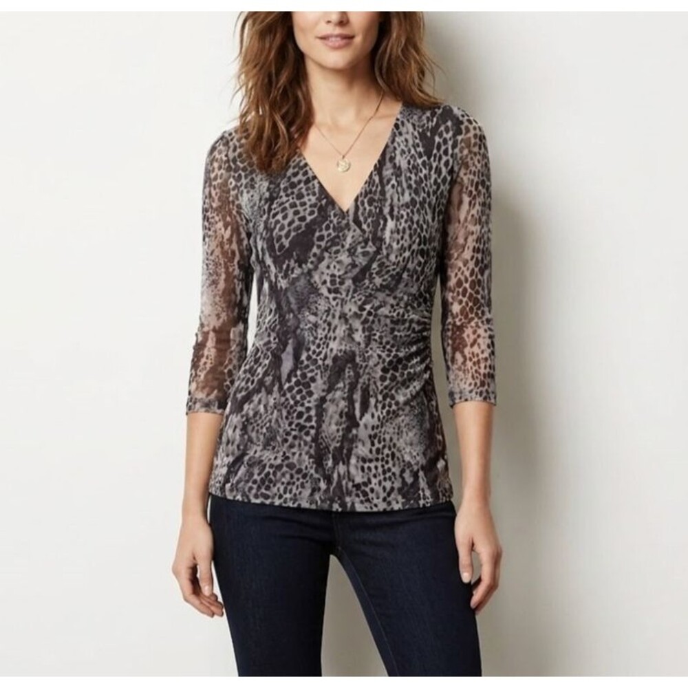 Sheer Animal Print Top Womens L Mesh faux Wrap Stretchy Classic Mob Wife style